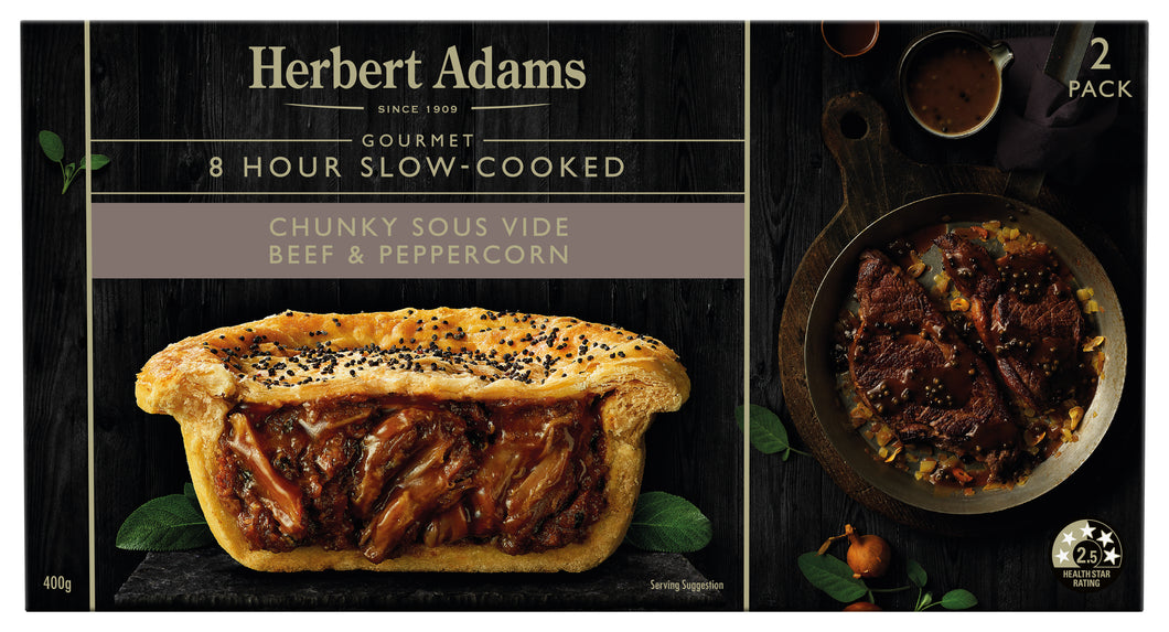 Herbert Adams Slow-Cooked Chunky Beef and Peppercorn Pies 2 Pack